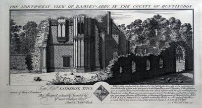 Antique Print RAMSEY ABBEY, HUNTINGDON, CAMBRIDGESHIRE, Buck's Views  original Engraving  1730