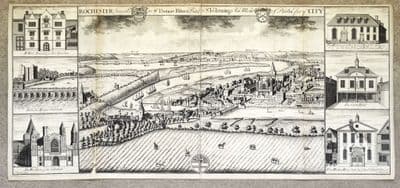 Antique Print ROCHESTER, Kent, Original Bird's Eye panorama John Harris 1719
