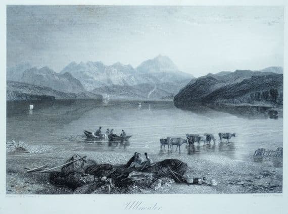 Antique Print  ULLSWATER, CUMBERLAND, Lake  District J.M.W. Turner Original 1838