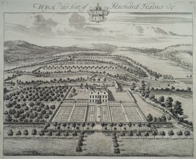Antique Print WYCK, WICK, Gloucestershire, Original KIP, Atkyn's bird's eye 1712
