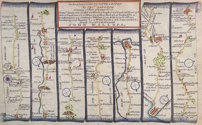 Antique Road Map BAGSHOT FARNHAM SOUTHAMPTON Salisbury, Alresford, Twyford, Gardner strip map 1719