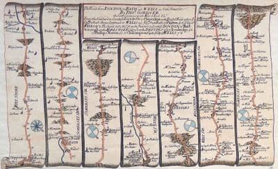 Antique Road Map CHIPPENHAM BATH WELLS Devizes, Trowbridge, Marlborough, Gardner strip map 1719