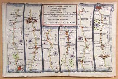 Antique Road Map OXFORD BRISTOL HIGHWORTH Malmesbury Fifield, Gardner strip map 1719