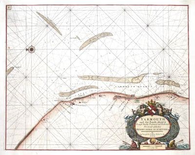 Antique Sea Chart GREAT YARMOUTH, NORFOLK Coast Lowestoft,Caister Collins Antique Nautical Map c1750