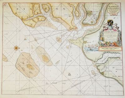 Antique Sea Chart HARWICH, Shotley, Felixtowe Greenville Collins Original nautical map 1756
