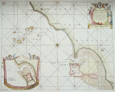Antique Sea Chart HOLY ISLAND, Lindisfarne, Farne Islands, Berwick, Northumberland, Collins 1756