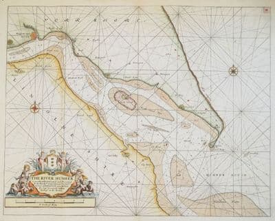 Antique Sea Chart RIVER HUMBER, Hull, Grimsby, Greenville Collins Original Nautical Map 1756