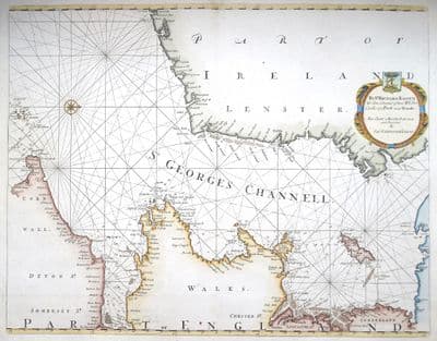 Antique Sea Chart St. GEORGE'S CHANNEL, Irish Sea, Ireland, Cornwall G.Collins  1756
