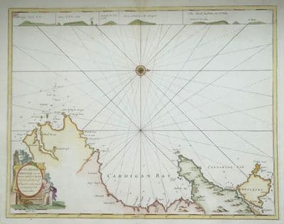 Antique Sea Chart  WALES, Anglesey, Pembroke, Cardigan Bay, Collins Original map 1756