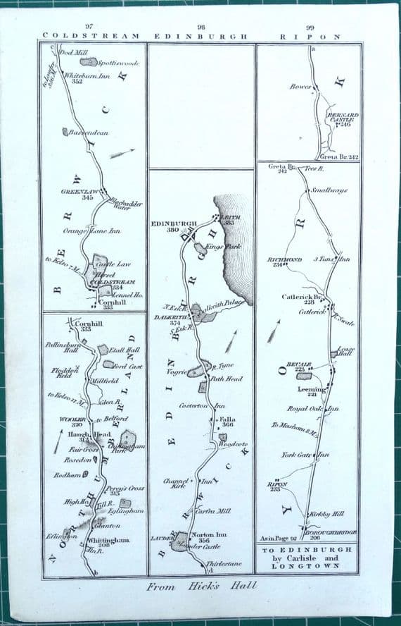 Antique Strip Road Map ROUTE TO EDINBURGH Charles Smith Pocket Companion 1826