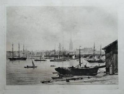BORDEAUX, FRANCE, Maxime Lalanne etching, nautical, maritime antique print 1866