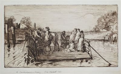 CAMBRIDGESHIRE FERRY, etching, boats, R.W.Macbeth  original antique print 1880