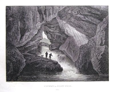 CAVERN IN GLEN CROE, Nr. LOCH LOMOND, SCOTLAND, original antique print 1819