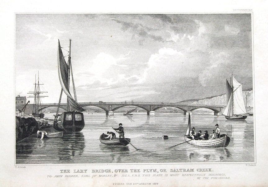 DEVON LAIRA BRIDGE RIVER PLYM SALTRAM CREEK Allom Antique Print 1829