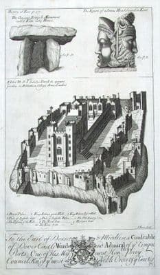 DOVER CASTLE, KENT, HARRIS original bird's eye antique print 1719