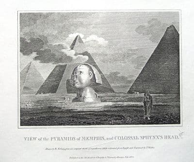 EGYPT, COLOSSAL SPHYNX HEAD & PYRAMIDS OF MEMPHIS Antique Print 1804