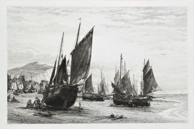 FISHING BOATS at HASTINGS, James Dobie maritime nautical etching antique print 1881