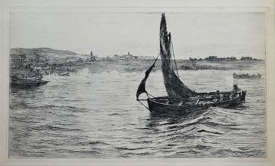 FISHING BOATS LANDING, Colin Hunter etching orighinal antique print 1880