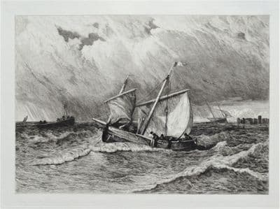 FISHING BOATS off the Coast of Holland, R. K.Thomas, Maritime, nautical etching antique print 1880