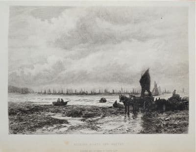 FISHING BOATS OFF WHITBY, maritime, boats, D.Law, original antique print 1880