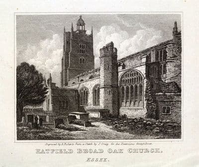 HATFIELD BROAD OAK CHURCH, Nr. BISHOP'S STORTFORD, ESSEX, antique print 1818