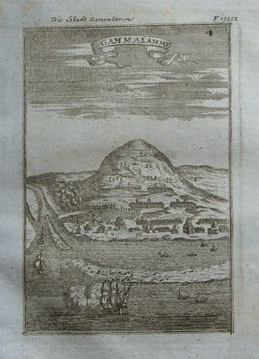 INDONESIA, E. INDIES, MOLUCCA, GAMALAMA VOLCANO, Mallet antique print 1719
