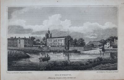 ISLEWORTH LONDON, ALL SAINTS CHURCH  R.THAMES Copper Engraved Antique Print 1806