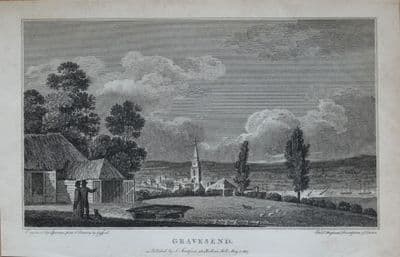 KENT, VIEW OF GRAVESEND,  Original  Copper Engraved Antique Print 1807