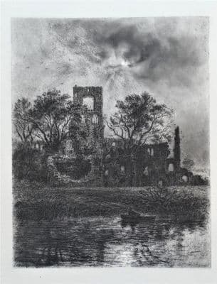 KIRKSTALL ABBEY, LEEDS, Yorkshire, Debaines etching original antique print 1880