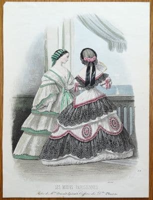 LES MODES PARISIENNE, PARIS FASHION plate 858 antique hand coloured print 1859