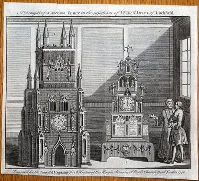 LICHFIELD MUSICAL CLOCK, RICHARD GREEN'S CURIOUS CLOCK orig antique print 1748