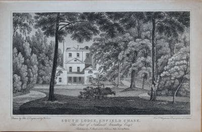 LONDON, ENFIELD CHASE HUNTING LODGE  Copper Engraved Antique Print 1808