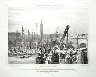 LONDON, OLD LONDON BRIDGE, MONUMENT, TOWER OF ST MAGNUS, Antique Print 1829