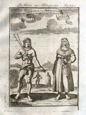 MADAGASCAR, MALE & FEMALE NATIVES, Allain Mallet 1719 Antique Print