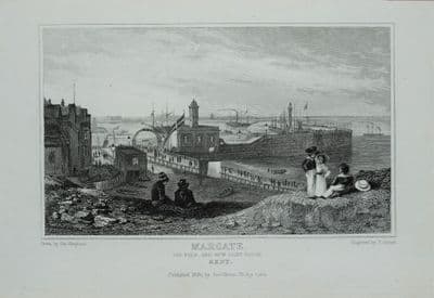 MARGATE PIER & NEW LIGHTHOUSE  Original Steel Engraved Antique Print 1830