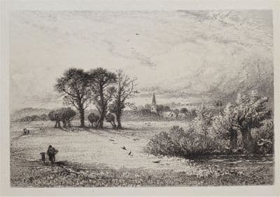 MEADOWS AT MARLOW, Buckinghamshire E.P.Brandard etching antique print 1880