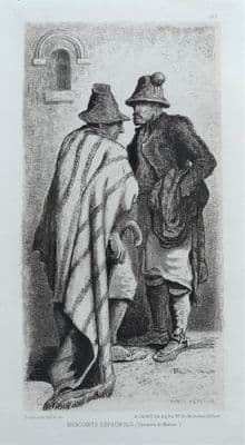 MURCIA, SPAIN, Beggars, etching, Balfourier original antique print 1880