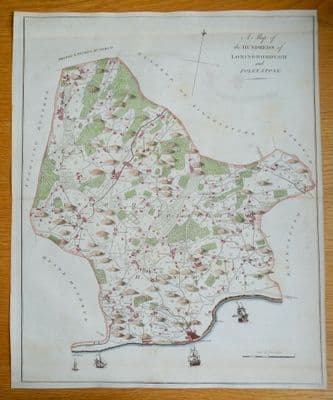 Original 1790 Antique Map Folkestone Hawkinge, Alkham, Elham, Kent Genuine  Hasted Engraving