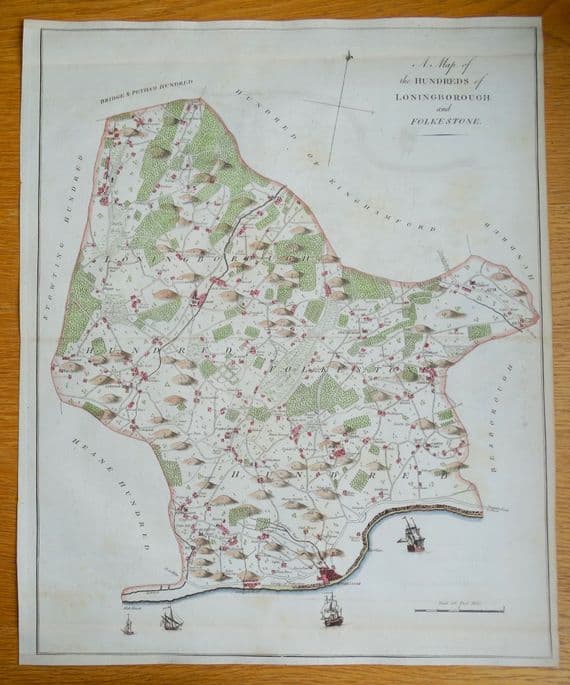 Original 1790 Antique Map Folkestone Hawkinge, Alkham, Elham, Kent Genuine  Hasted Engraving