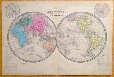 Original Antique Map 1843 WORLD HEMISPHERES Felix Ansart Genuine Old Engraved Map