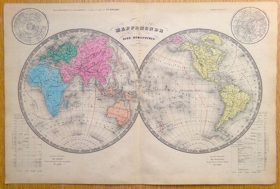 Original Antique Map 1843 WORLD HEMISPHERES Felix Ansart Genuine Old Engraved Map