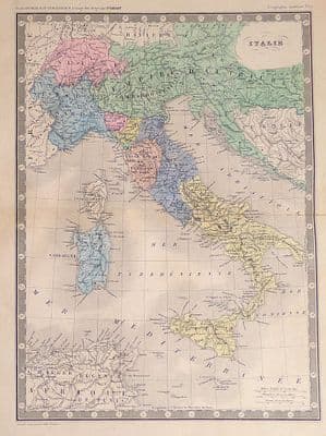 Original Antique Map 1845 ITALY Ansart Genuine Old Engraved hand Coloured Map