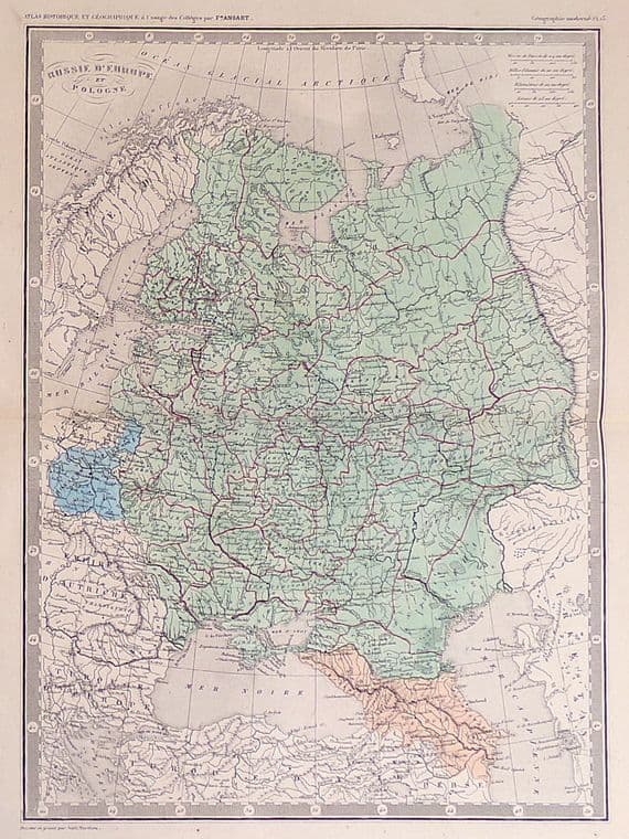 Original Antique Map 1845 RUSSIA & POLAND Ansart Genuine Old Engraved Map