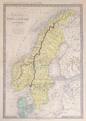 Original Antique Map 1845 SWEDEN NORWAY DENMARK Ansart Genuine Old Engraved Map