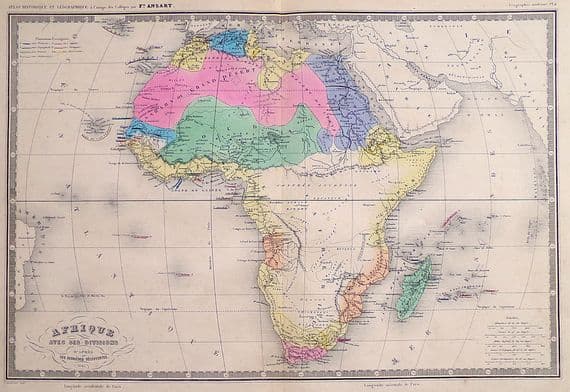 Original Antique Map 1846 AFRICA Felix Ansart Genuine Old Hand Coloured Engraved Map