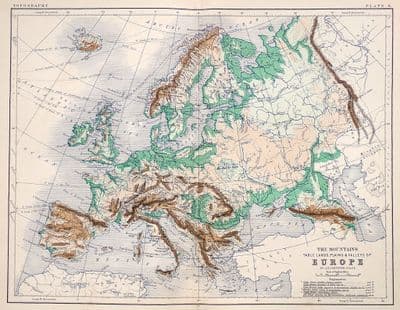 Original Antique Map 1878 EUROPE MOUNTAINS & VALLEYS Genuine Old Johnston Map