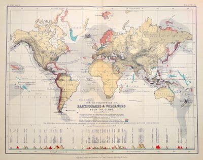 Original Antique Map 1878 WORLD EARTHQUAKES & VOLCANOES Genuine Old Johnston Map