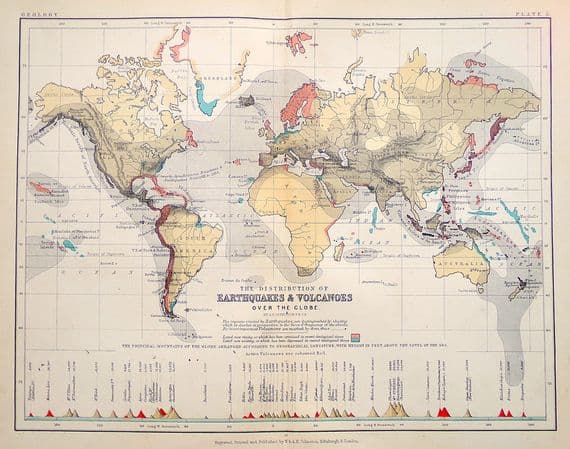 Original Antique Map 1878 WORLD EARTHQUAKES & VOLCANOES Genuine Old Johnston Map