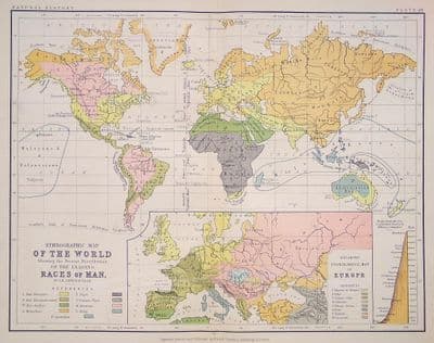 Original Antique Map 1878 WORLD Ethnographic Races of Man Genuine Old Johnston Map