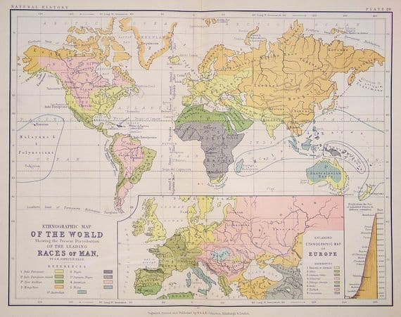Original Antique Map 1878 WORLD Ethnographic Races of Man Genuine Old Johnston Map